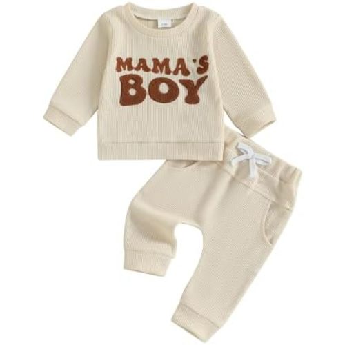 Infant Fall Winter Outfit Waffle Baby Boy Clothes Letter Long Sleeve Sweatshirt and Stretch Pants 6 12 18 24M Set