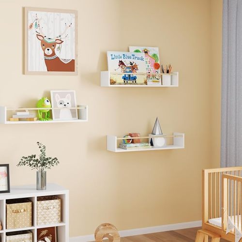 Fixwal Nursery Bookshelves, 16.5 Inch Floating Shelves for Wall Set of 3, Kids Bookshelf for Bedroom, Baby Nursery Decor (White and Natural)