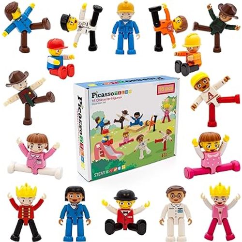 PicassoTiles 16 Piece Character Action Figures Toddler Toy Set Expansion Pack Magnetic Construction Blocks STEM Pretend Play Toys Building Tiles PTA08