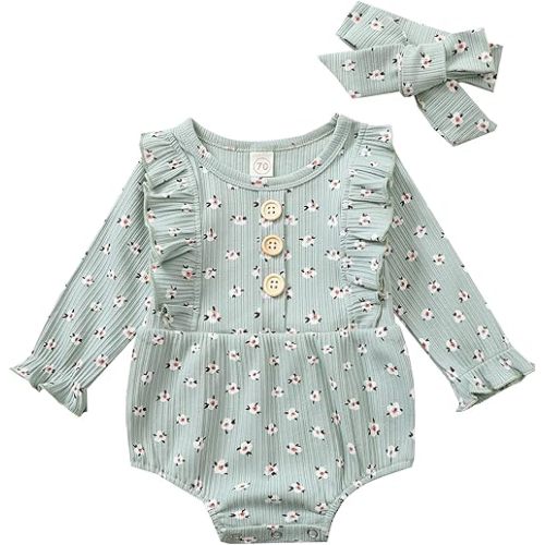 2pcs Infant Baby Girls Romper Dress Headband Long Sleeve Clothing Flowers Newborn Boho Girl Outfit Jumpsuit Clothes