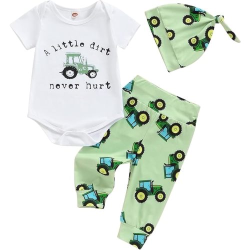 Newborn Baby Boy Tractor Clothes Cotton Funny Letter Bodysuit+Truck Leggings Hat Farm Baby Shower Coming Home Outfit