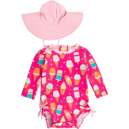 Sweet Scoops Long Sleeve One-Piece Rashguard & Hat Set, 6-12M