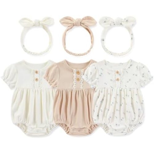 Newborn Baby Girl Clothes Cotton Bubble Romper Floral Short Sleeve Bodysuit 3 Pack
