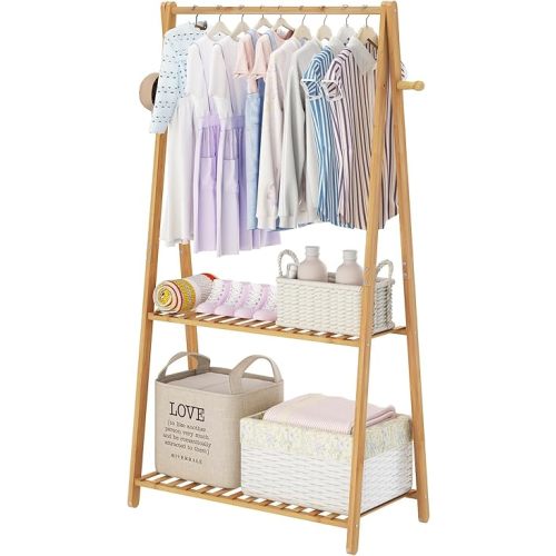Kids Clothing Rack for Hanging Clothes,Small Toddler Clothes Racks Bamboo Wooden Garment Dress Up Storage Costume Rack with Shelves for Laundry Drying,Short,Mini,Floor Standing