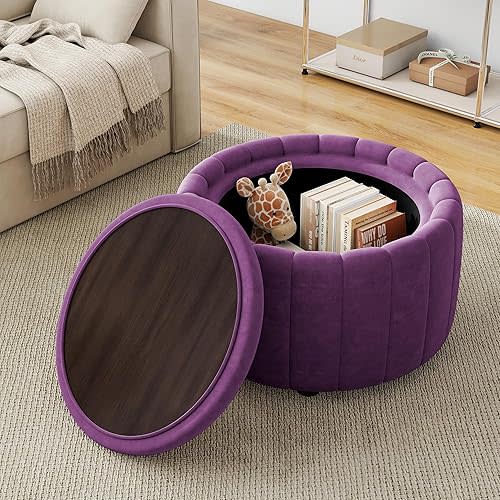 UIXE 30-inch Round Storage Ottoman with Flip Top Tray, Velvet Upholstered Ottoman Coffee Table for Living Room, Modern Circle Footstool for Bedroom Entryway - Purple