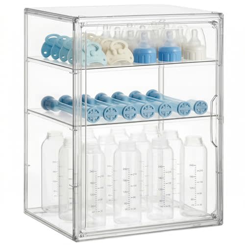 HBlife Baby Bottle Storage Organizer for Countertop Cabinet, 3 Tiers Adjustable Clear Acrylic Bottles Storage Station Case Box Container with 2 Removable Dividers and Magnetic Door, Large