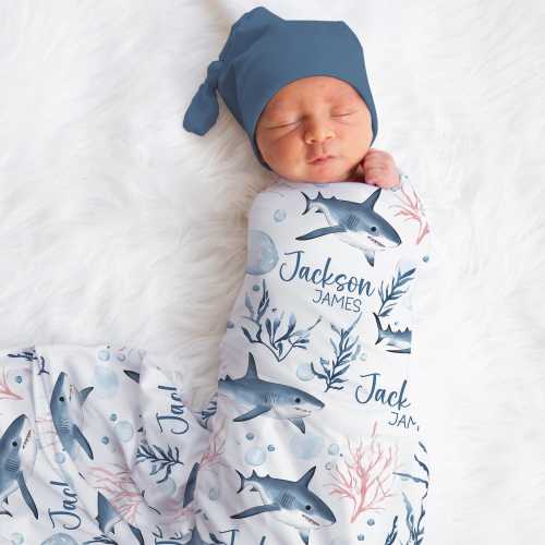 Personalized Shark Swaddle Blanket For Baby Shower, Custom Underwater Newborn Baby Boy Gift, Ocean Toddler Name Blanket, Coming Home Outfit
