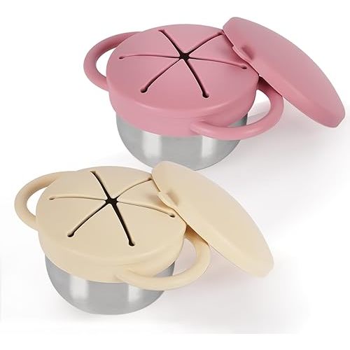 2 Pack 304 Stainless Steel Snack Cups for Toddlers, Toddler Snack Containers with Spill-Proof Silicone Travel Lid & Handle, Dishwasher Safe, Removable Snack Cup for Baby, Toddler, Kids