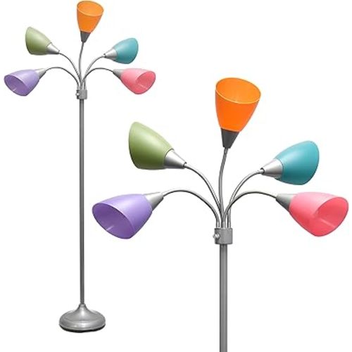 Simple Designs LF2006-SLM 67" Contemporary Multi Head Medusa 5 Light Adjustable Gooseneck Silver Floor Lamp with Fun Light Multicolored Shades for Kids Bedroom Playroom Living Room Office
