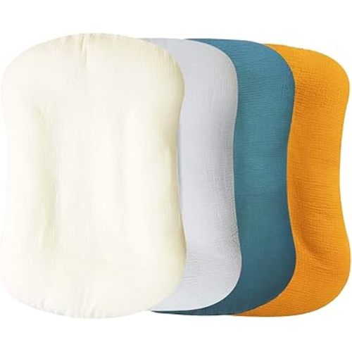 Muslin Baby Lounger Cover 4 Pcs, Soft Cotton Slipcover for Infant Padded Lounger Comfortable Lounger Pillow Case Newborn Floor Seat Cover for Babies Boys Girls (White/Gray/Blue/Ginger)