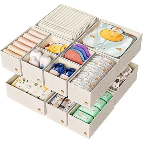 Linen Drawer Organizers for Nursery, Dresser & Closet (12-Pack) – Sturdy, Collapsible Nursery & Dresser Dividers for Baby Clothes, Socks, Underwear & Essentials – Multi-Size Set, Beige