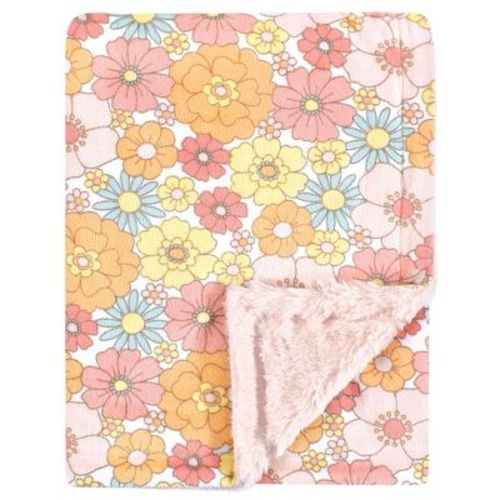 Hudson Baby Girls Plush Blanket With Furry Binding And Back, Peace Love Flowers, One Size