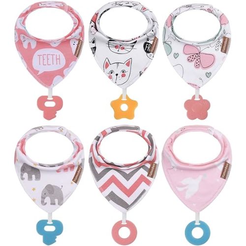 Baby Bandana Drool Bibs 6-Pack and Teething Toys 6-Pack Made with 100% Organic Cotton, Absorbent and Soft Unisex