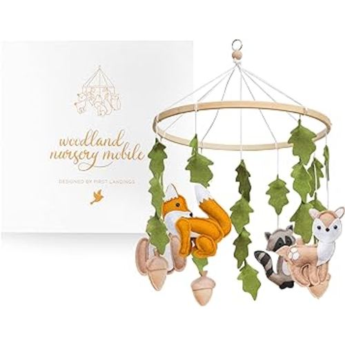 First Landings Woodland Baby Mobile for Crib - Baby Nursery Mobiles - Woodland Nursery Decor Theme - Gender Neutral Baby Stuff - Animals Forest Nursery Decor Baby Mobile - Woodland Baby Stuff