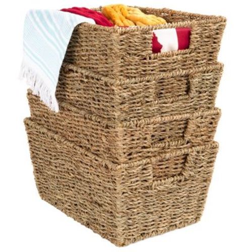 Best Choice Products Set Of 4 Multipurpose Stackable Seagrass Storage Laundry Organizer Baskets W/ Handles - Natural