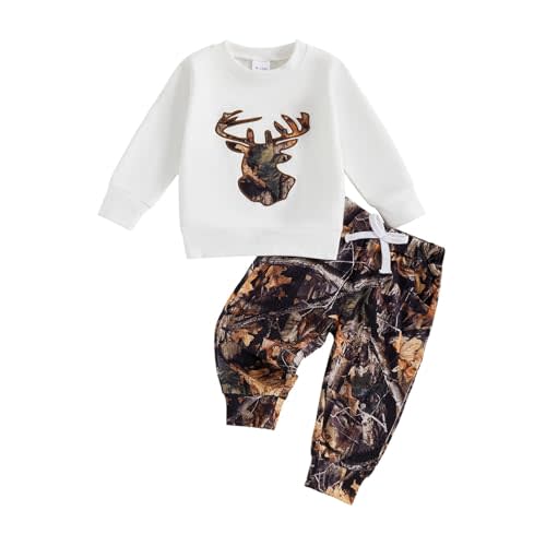 DSOKUHIB Toddler Baby Boy Hunting Clothes Reindeer Embroidery Long Sleeve Sweatshirt Jungle Camo Pants Set Fall Winter Outfit