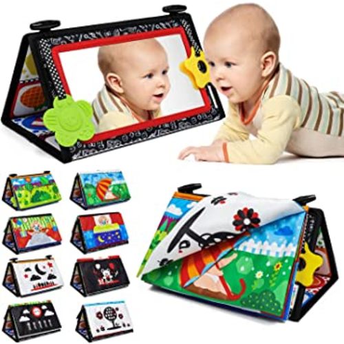 Dr.Rapeti Tummy Time Floor Mirror for Baby Infant Toddler Kids Black and White High Contrast Baby Toy with Crinkle Cloth Book Teethers Floor Activity Toy Washable Non-Toxic