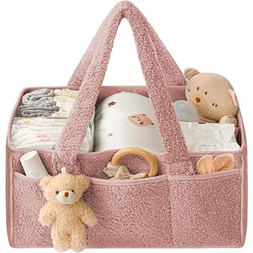 Baby Diaper Caddy Organizer, Baby Caddy Organizer for Changing Table, Car Caddy Organizer, Baby Basket for Diapers and Wipes, Portable Nursery Diaper Storage Organizer, Gift for New Mom (Pink)