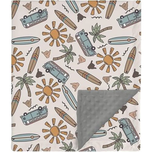 HawSkgFub Boho Beach Surfing Sun Mink Baby Blankets Dotted Backing Boy Shower Gift, Summer Blue Surf Board Camper Van Double Layer Nursery Swaddle, Soft Newborn Infant Toddler Bed Crib Bedding 30 x 40