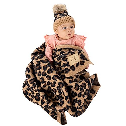Funky Junque Print Baby Blanket with Beanie Soft Warm 30x35in for Leopard Stroller - Leopard Print - Single Pom - Latte