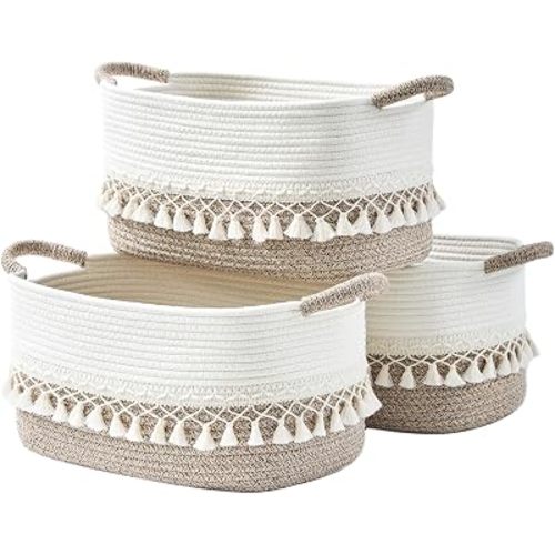 Storage Baskets for Shelves, 3 Pack Woven Cotton Rope Baskets