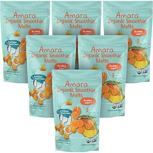 Amara Smoothie Melts - Mango Carrot - Baby Snacks Made With Fruits and Vegetables - Healthy Toddler Snacks For Your Kids Lunch Box - Organic Plant Based Yogurt Melts - 6 Resealable Bags