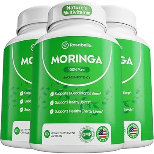 Rosabella Moringa Capsules - Pure Moringa Powder, Energy, Skin, Immune & Gut Health Superfood, Rich in Antioxidants, Essential Vitamins & Amino Acids, Natural Green Superfood Supplement - 180 Count