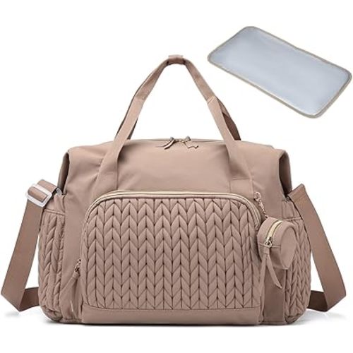 Diaper Bag Tote, Crossbody Large Travel Baby Bag for boys & Girls with Changing Pad & Pacifier Case, Brown