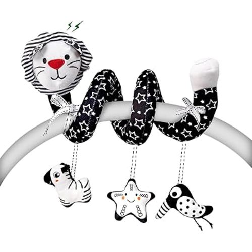 LiKee Spiral Car Seat Toys for Babies 0-6 Months, Black High Contrast Plush Hanging Baby Stroller Toys, Crib & Carseat Sensory Activity for Newborn, Ages 0+ Years 6-12 Month Infants Boy Girl Gifts