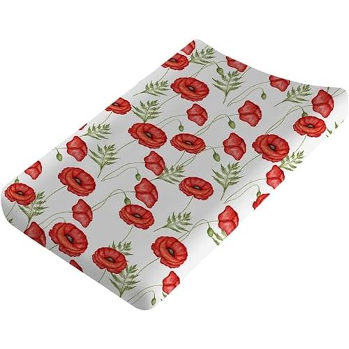 Boho Retro Poppy Flowers Leaves Baby Changing Pad Covers for Boy Girl 32''x16'' Red Poppy Floral Spring Blossom Fitted Diaper Change Table Sheet Wild Plants Soft Breathable Nursery Changing Table Mats