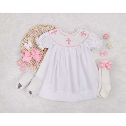 White & Pink Cross Smocked Dress, Baby Girl Baptism Christening Dress, Lace Sleeve Heirloom Dress, Flower Girl Bishop Style Special Occasion