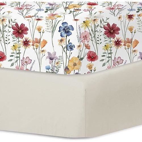 Little Grape Land Pack and Play Sheets Mini Crib Sheets Soft Breathable Pack N Play Sheets, Playard Fitted Sheet 2 Pack Stretchy Fits 38"x26" Playard Mattress, Spring Flower