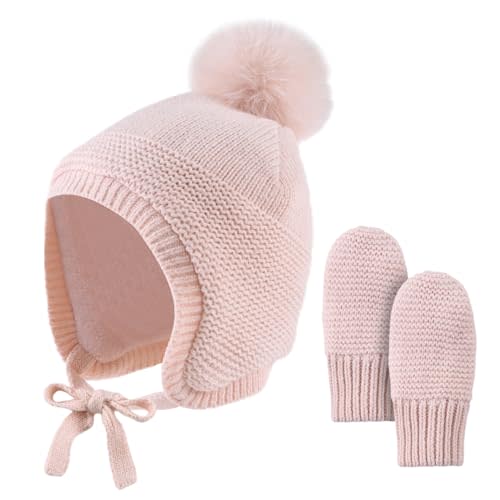 Basic Winter Baby Beanie Gloves Boys Girls Knitted Hat Pompom Kids Earflap Hats Warm Infant Toddler Beanie Mittens Set