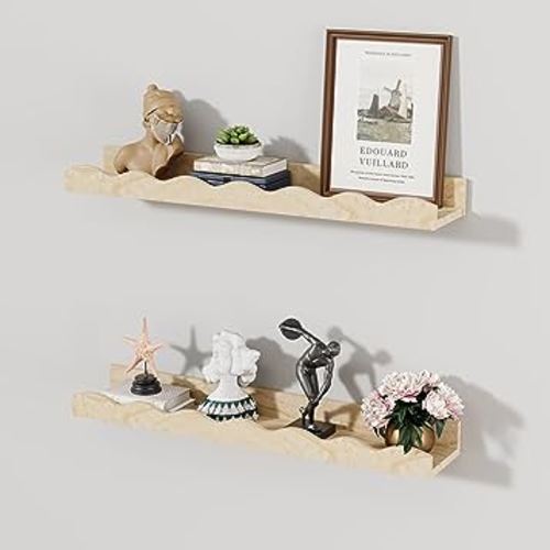 Floating Nursery Book Shelves Set of 2 Bathroom Shelves Over Toilet Rustic Wood Storage Shelves for Wall Decor, Books, Toys, Photo Frames, Picture Ledge-Natural