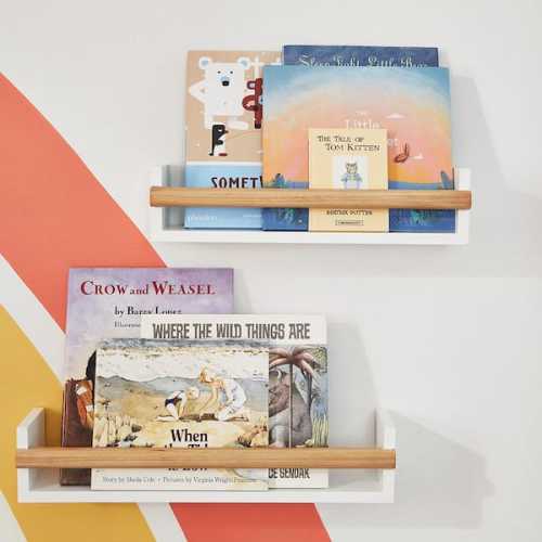 White and Natural Wood Floating Wall Shelves (Set of 2)