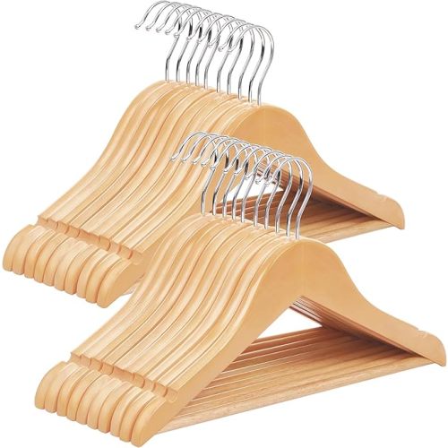 SONGMICS Kids Wooden Hangers 20 Pack, Solid Wood Baby Hangers, Children's Coat Hangers with Pants Bar, Shoulder Notches, Swivel Hooks, 12.6 x 7.5 Inches, Natural and Silver UCRW06NL