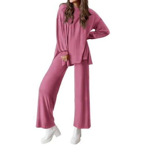 PRETTYGARDEN Womens 2 Piece Outfits Crewneck Long Sleeve Pullover Tops Wide Leg Long Pants Casual Lounge Set Travel Tracksuit
