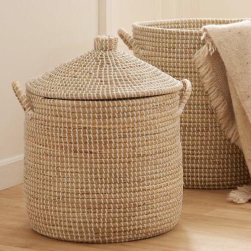 Adira White and Natural Seagrass Basket with Lid (Medium)