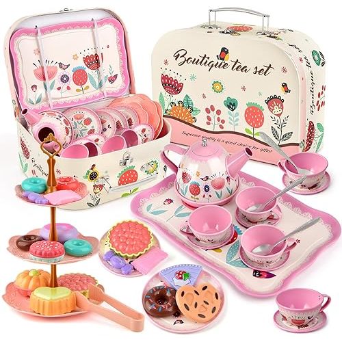 Flower Tea Set for Little Girls, Birthday Gift for Age 3 4 5 6 Year Old, Toddler Toys Tea Party Set for Little Girls, Princess Kids Kitchen Pretend Toy with Tin Tea Set, Desserts & Carrying Case