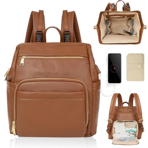 Diaper Bag Backpack Leather Diaper Bag Backpack Baby Bags With 18 Organizing Pockets,6 Insulated Pockets,USB Charging Port,Stroller Straps,Changing Pad (Brown)