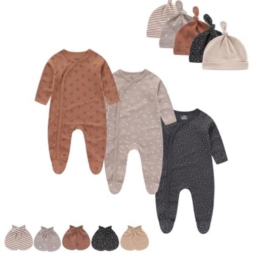 Baby Boy Girls Clothes 2-Way Zip Footed Long Sleeve 100% Cotton,Newborn Caps and Scratch Mittens Set 0-6 Months