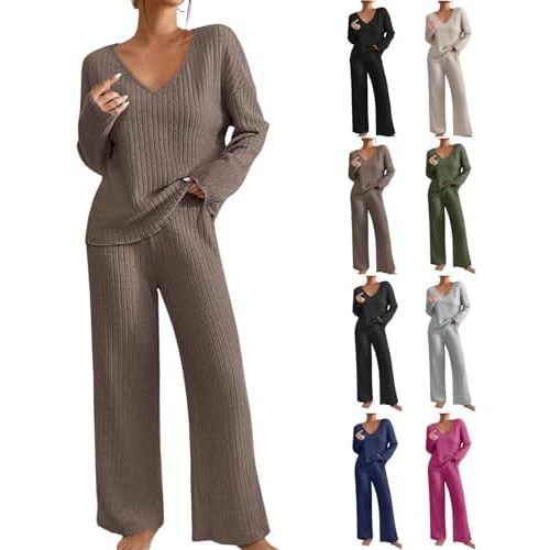 2 Piece Outfits for Women Knit Sweater Long Sleeve Crewneck Tops and Wide Leg Pants 2024 Ribbed Fall Lounge Set