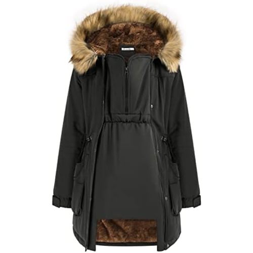 Maacie Womens Maternity 3 in 1 Thickened Outwear Fleece Lined Coat Winter Warm Hooded
