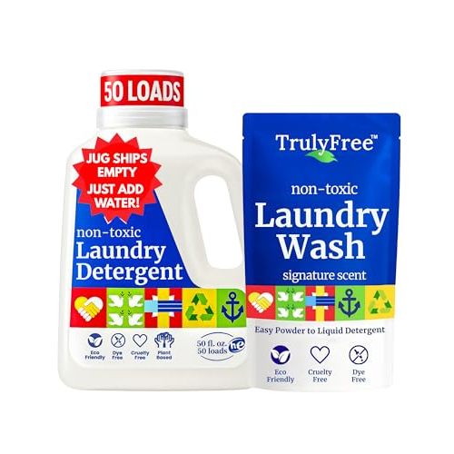 Truly Free Natural Laundry Detergent for Sensitive Skin | Eco Friendly, Plant Based, Baby Clothes Safe | Clean & Easy Powder to Liquid, 1 Pack Detergent + 1 Refillable Jug | Signature Scent, 50 Loads