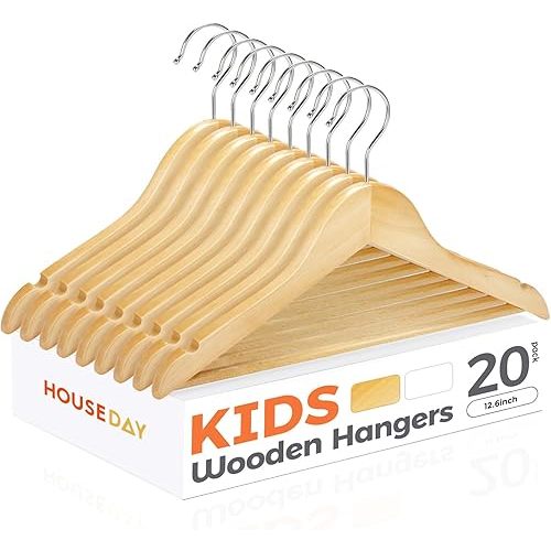 HOUSE DAY Wooden Baby Hangers for Closet 20 Pack, Kids Wooden Hangers for Baby Clothes, Heavy Duty Wood Toddler Coat Hanger with Non Slip Pant Bar, 360° Swivel Hook, Shoulder Notches, Natural