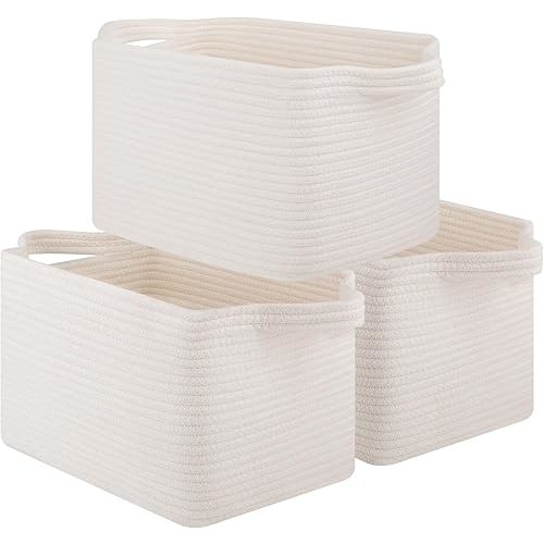 Storage Baskets for Organizing, Decorative Woven Baskets for Shelves, Cotton Rope Storage Cube Bins for Toys, Books, and Towels-13''Lx10''Wx8.6''H-3 Packs, White