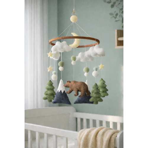 Woodland Bear Baby Mobile: Felt Forest Nursery Crib Decor, Moon, Stars, Trees