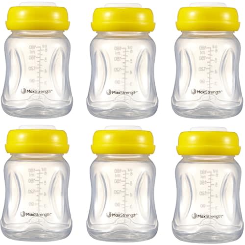Max Strength Pro Breastmilk Bottles 6pc Set with Leak Proof Lids, 6.oz 180ml Reusable Wide Neck Bottles Best for Breast Milk Collection & Storage Solution, BPA Free, Fits Spectra & Avent Models