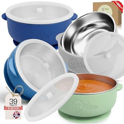 o'doe Suction Bowls for Baby - Non-Toxic Stainless Steel Baby Bowls 5" with Non-Slip Removable Silicone Shell - BPA-Free Toddler Bowls (Dark Blue + Powder Blue + Grey + Green (With Lid))