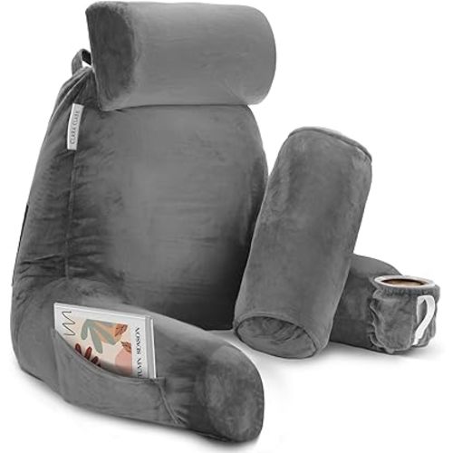 Clara Clark Reading Pillow with Shredded Memory Foam Includes 2 Neck and Lumber Support Pillows, Designed for Sitting Up in Bed and Couch, Back and Arms Adjustable Support for Adults & Teens, Grey